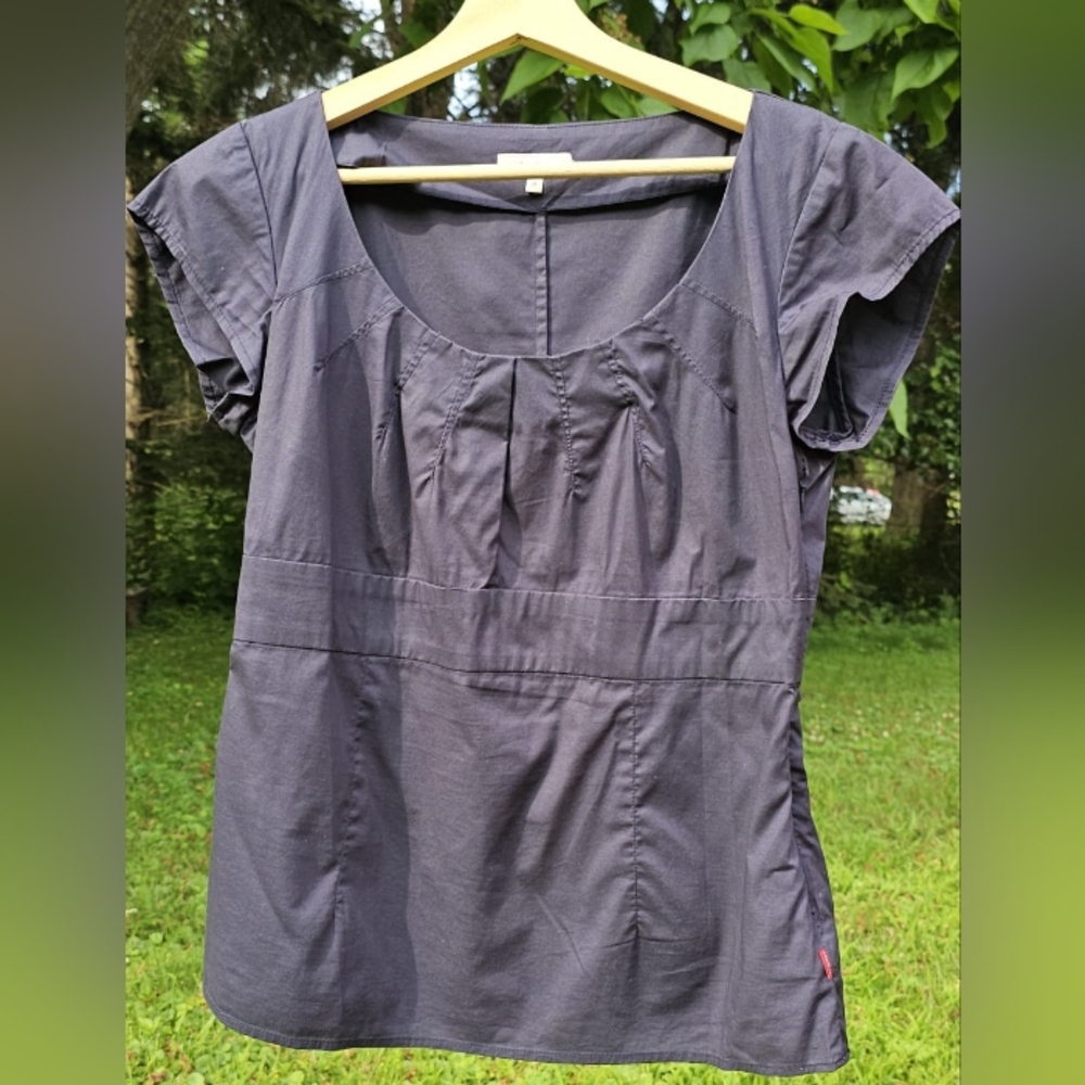 Navy Ruched Cap Sleeve Blouse